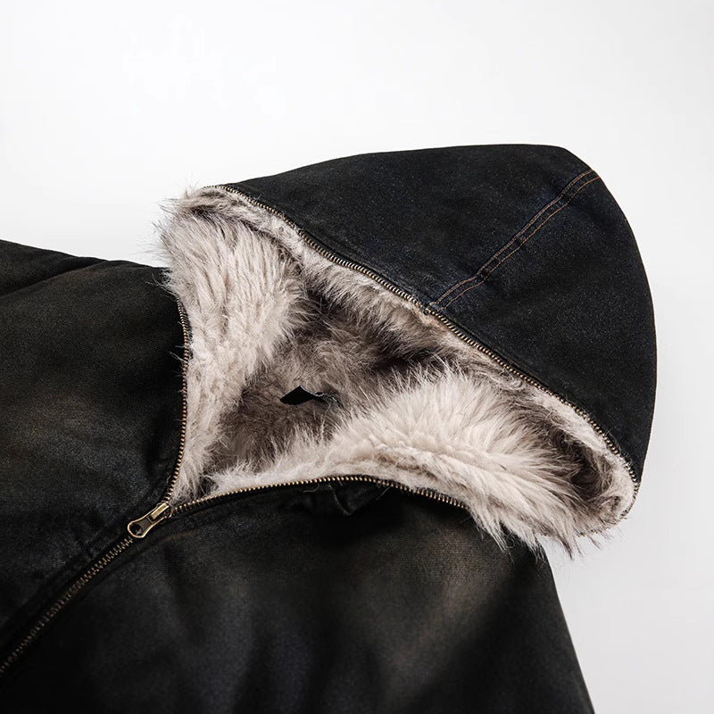 Vintage Distressed Denim Jacket with Faux Fur Lining and Hooded Streetwear Style