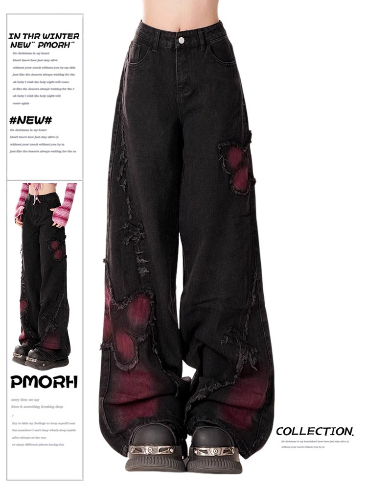 Distressed Flared Jeans with Contrast Patch Details and Grunge-Inspired Design
