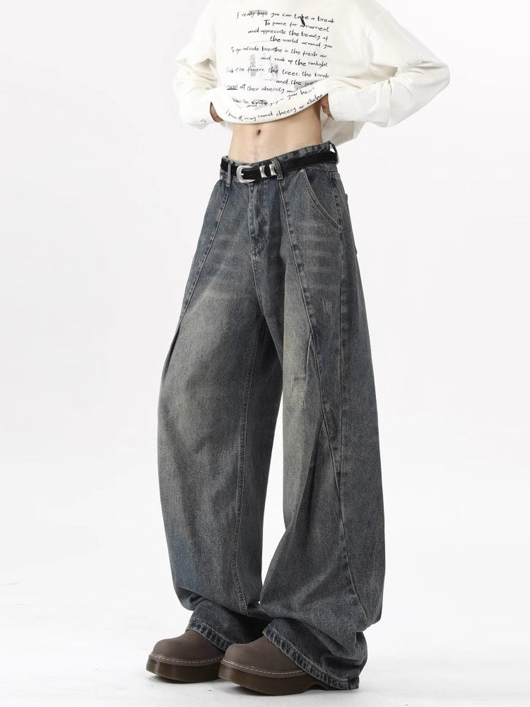 Curved Seam Wide-Leg Denim Jeans Baggy