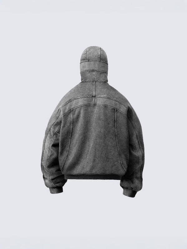 High-Neck Zip Pullover Jacket with Washed Texture and Oversized Streetwear Silhouette