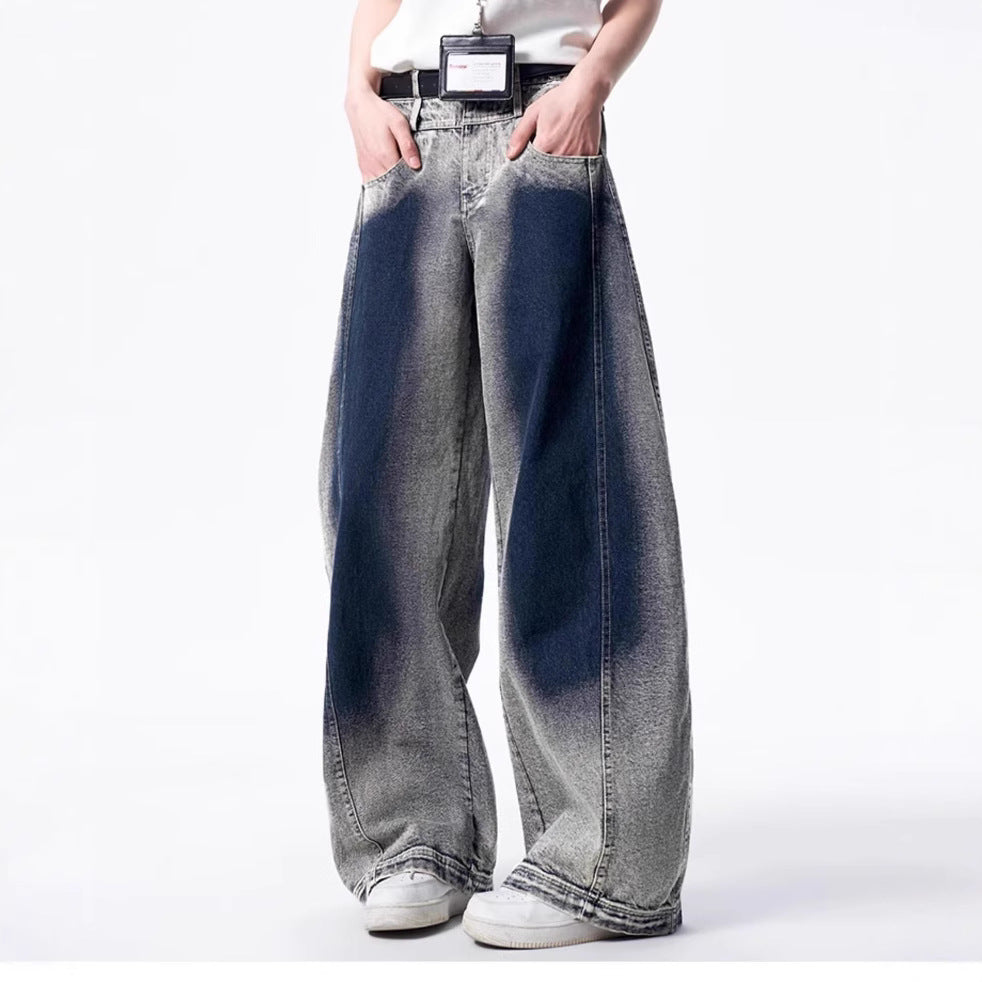 Oversized Gradient Wash Denim Jeans with Wide Leg Silhouette and Soft Fade Retro Streetwear Style