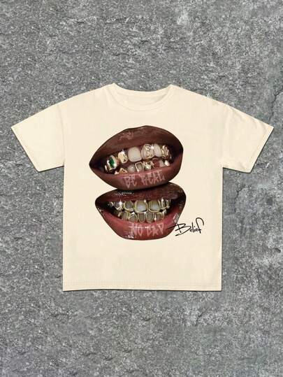 Graphic Lip Print Tee with Gold Grills ? Casual Streetwear T-Shirt