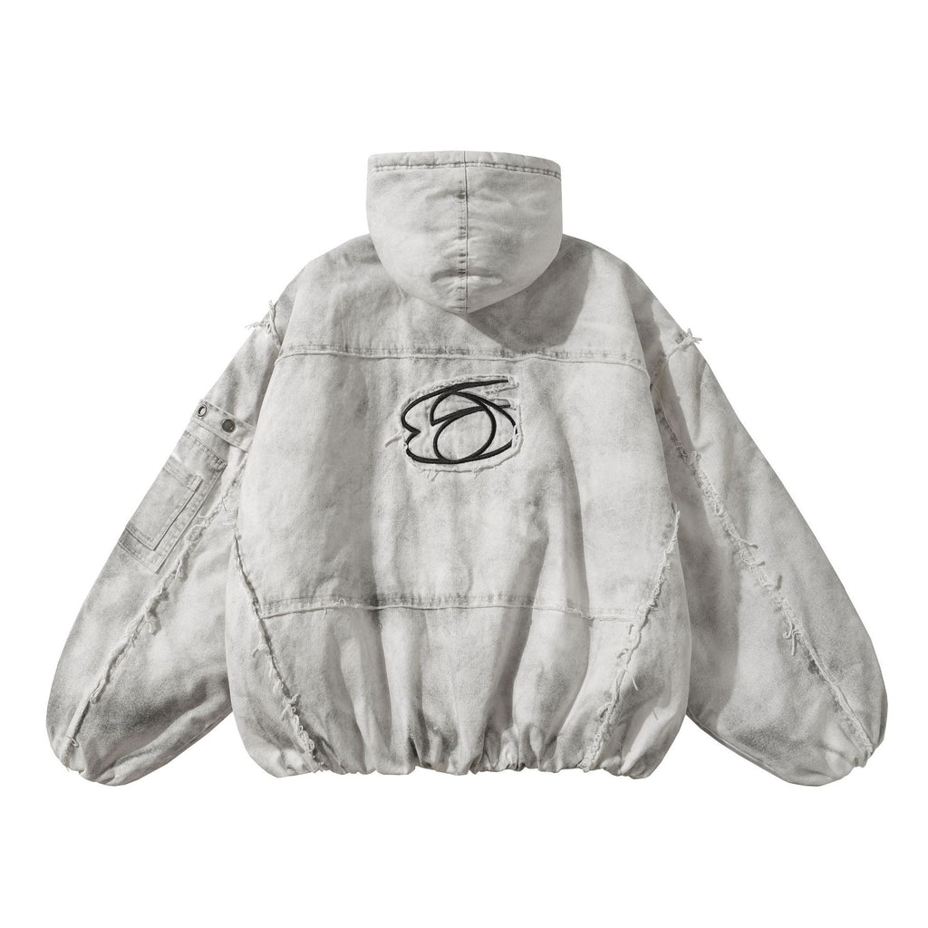 Washed Cotton Hooded Jacket with Oversized Fit and Textured Finish in Gray or Red