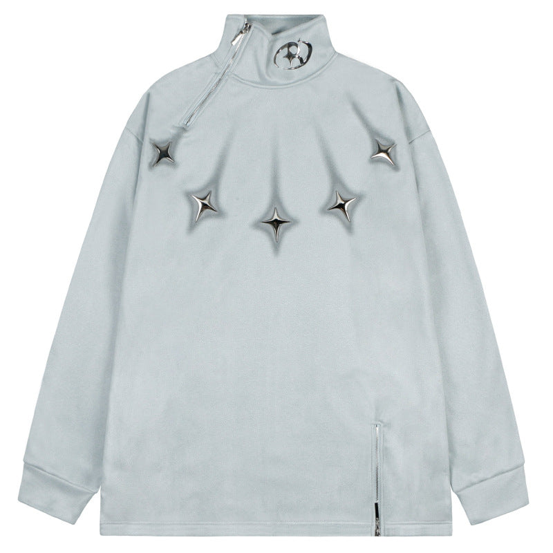 High-Neck Zip Pullover with Star Detail and Soft Fleece Texture for Modern Streetwear Style