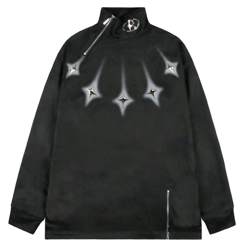 High-Neck Zip Pullover with Star Detail and Soft Fleece Texture for Modern Streetwear Style