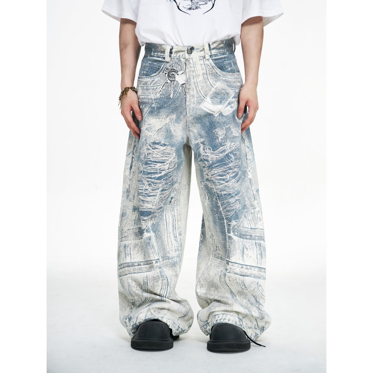 Wide-Leg Distressed Denim Jeans with Acid Wash Texture