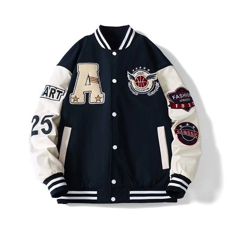 Retro Varsity Jacket with Contrast Sleeves and Embroidered Patch Details for Classic Streetwear