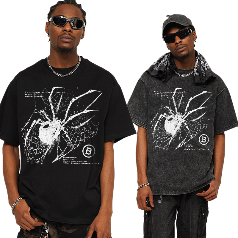 Washed Cotton T-Shirt with Large Spider Graphic Print in Black Streetwear Style