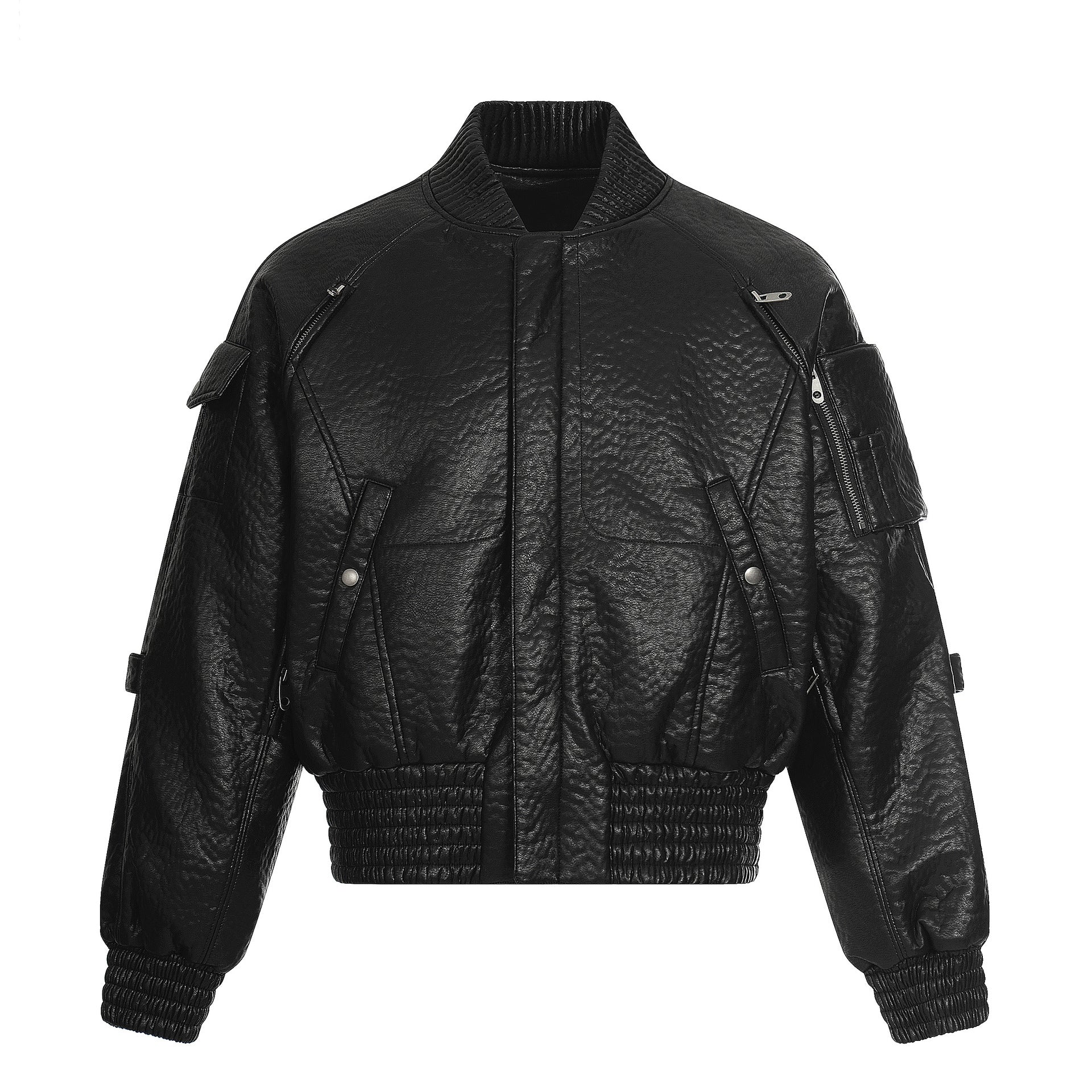 Padded PU Leather Streetwear Jacket with Zippered Pockets and Structured Ribbed Hem Design