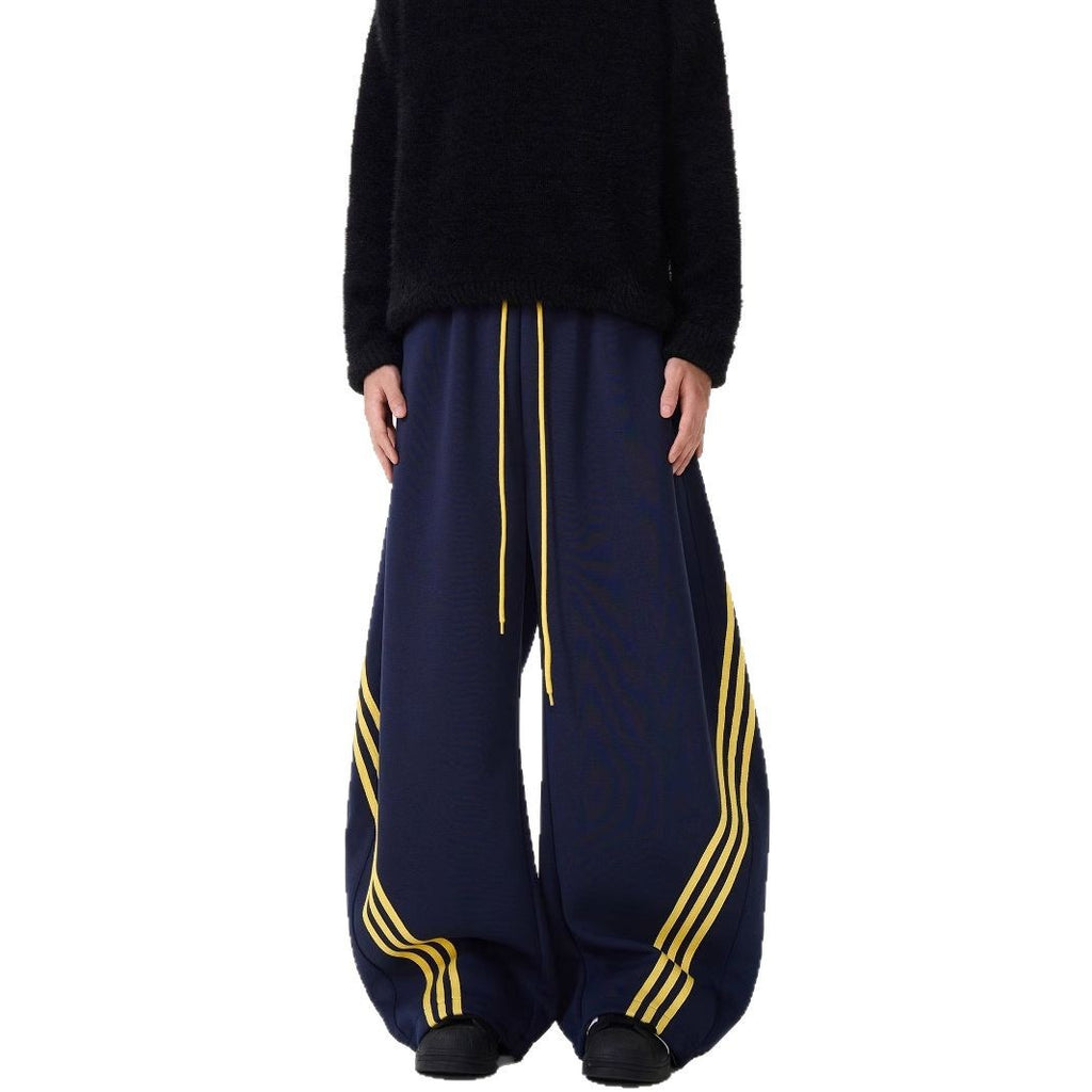 Striped Wide-Leg Sweatpants with Color-Block Detail and Adjustable Drawstring Waist