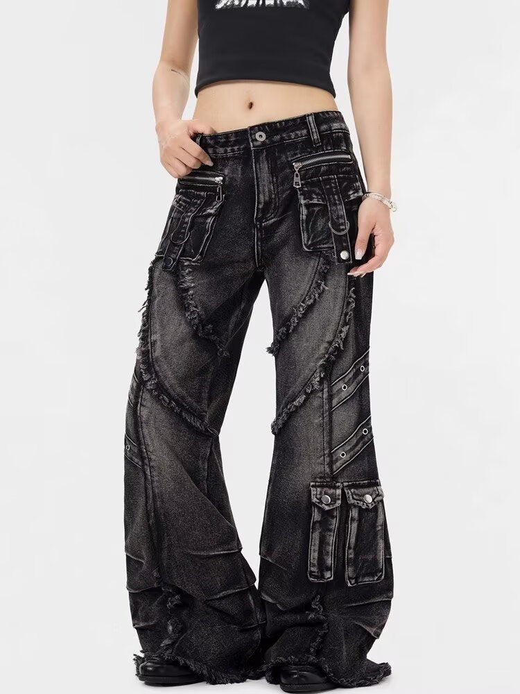 Distressed Black Wide Leg Jeans with Frayed Panels, Cargo Details, and Retro Streetwear Silhouette