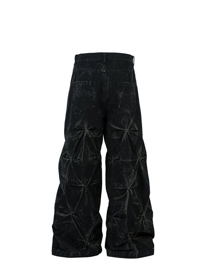 Wide-Leg Textured Denim Jeans with Geometric Pleated Design in Black