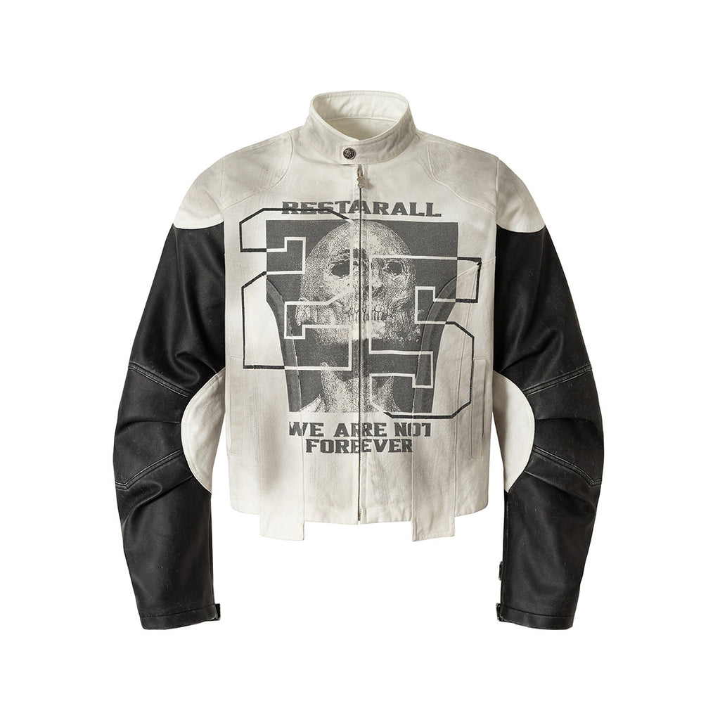 Two-Tone Faux Leather Jacket with Bold Graphic Print