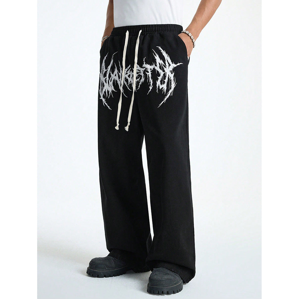 Wide-Leg Graphic Sweatpants with Abstract Print and Long Drawstrings