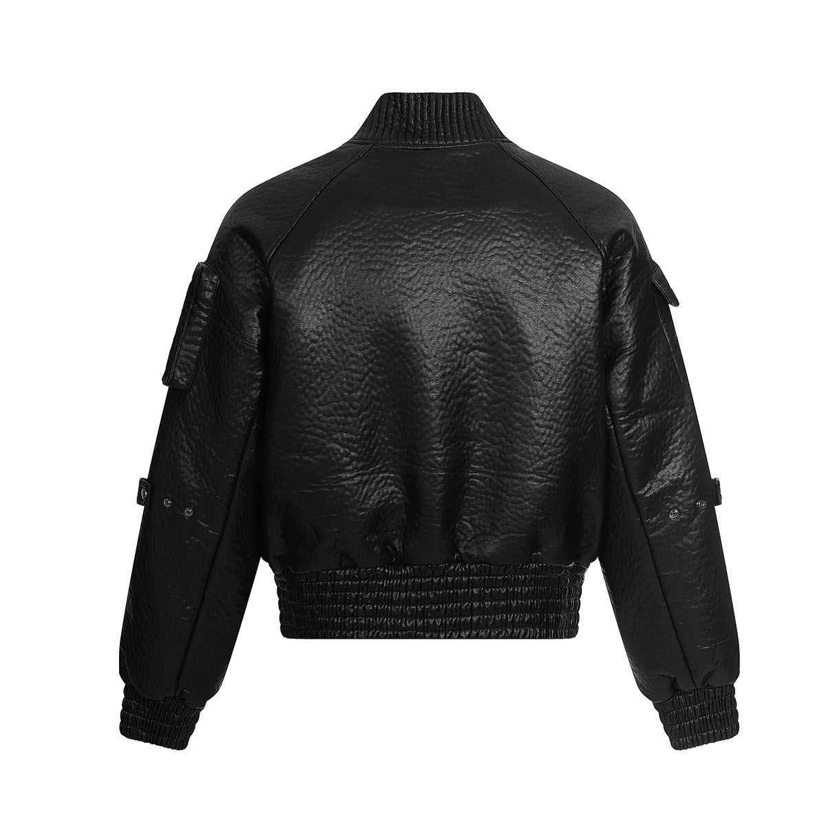 Padded PU Leather Streetwear Jacket with Zippered Pockets and Structured Ribbed Hem Design