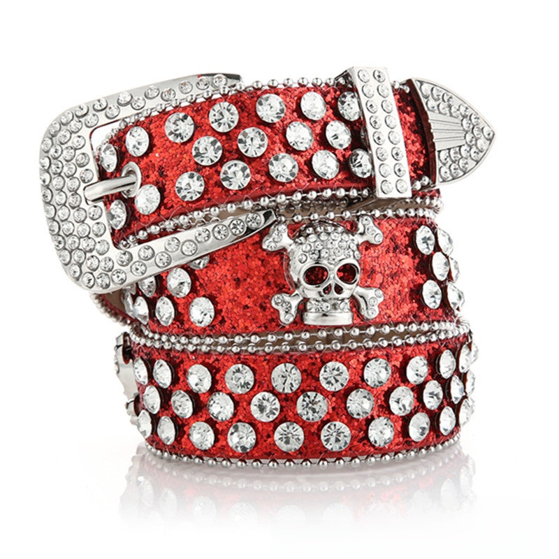 Rhinestone Studded Belt with Skull Hardware Accent