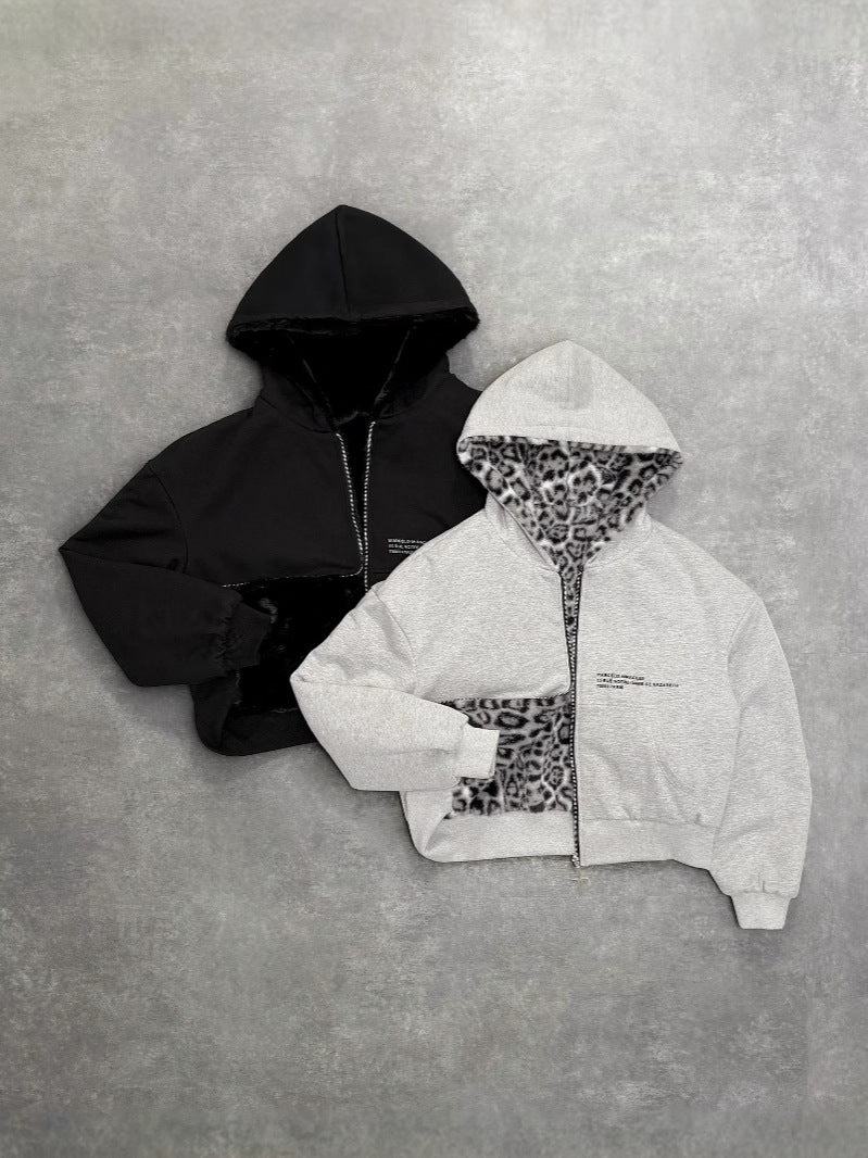 Reversible Zip Up Fleece Hoodie with Leopard Lining