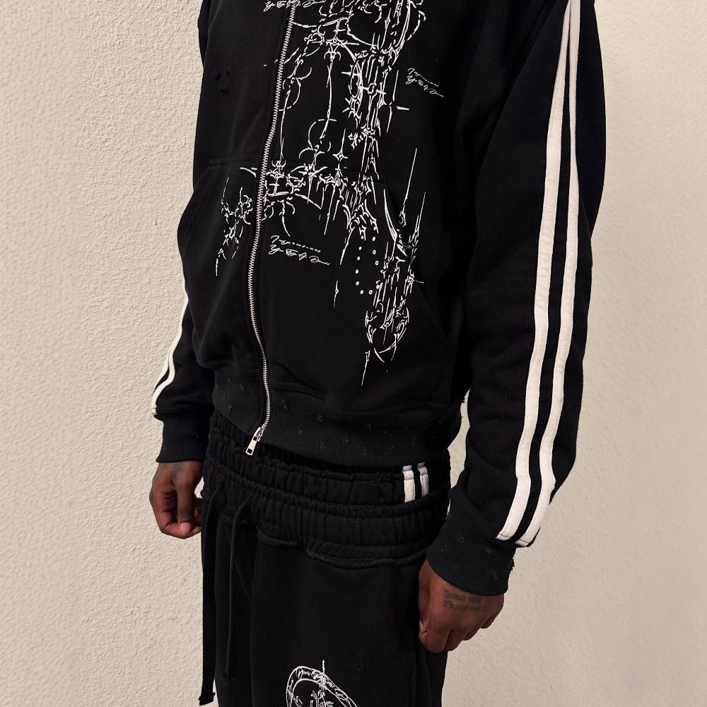 Zipper Streetwear Pullover with Graphic Print and Striped Sleeve Detail in Black