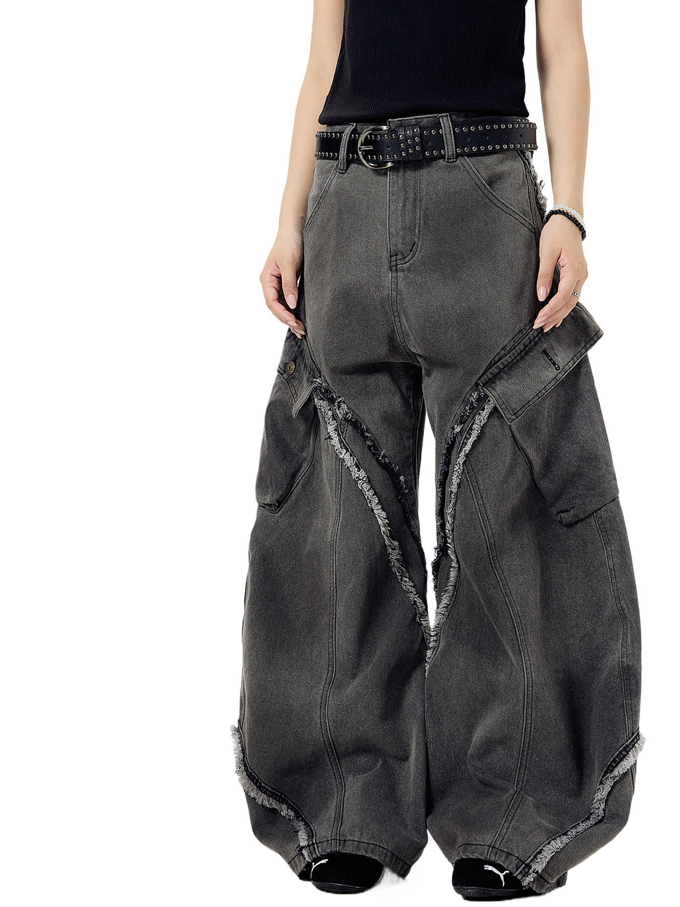 Extreme Wide-Leg Distressed Denim Pants with Frayed Cutouts and Bold Avant-Garde Streetwear Design