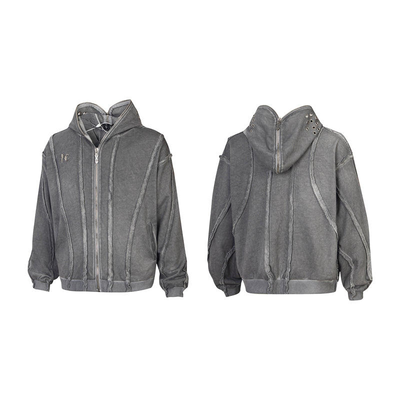 Washed Gray Zip-Up Hoodie with Raw Seam Details and Vintage Metal Zipper Accents