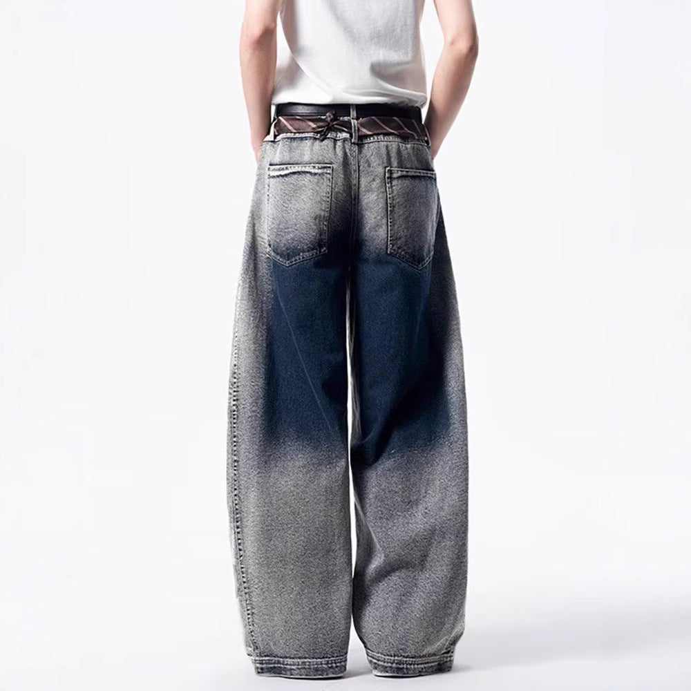 Oversized Gradient Wash Denim Jeans with Wide Leg Silhouette and Soft Fade Retro Streetwear Style