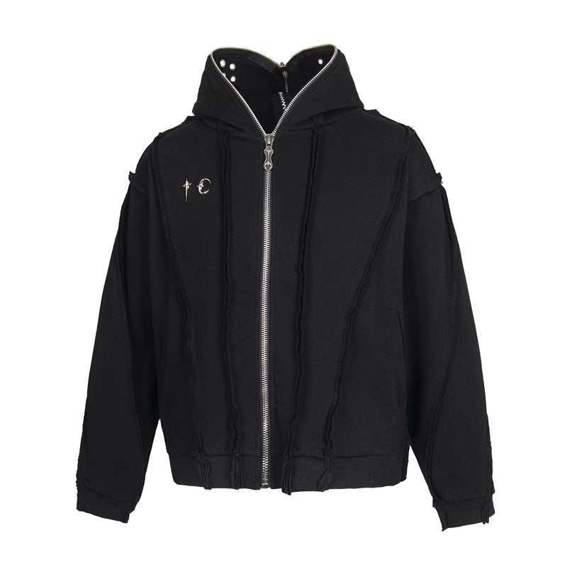 Washed Gray Zip-Up Hoodie with Raw Seam Details and Vintage Metal Zipper Accents