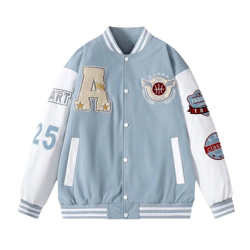 Retro Varsity Jacket with Contrast Sleeves and Embroidered Patch Details for Classic Streetwear