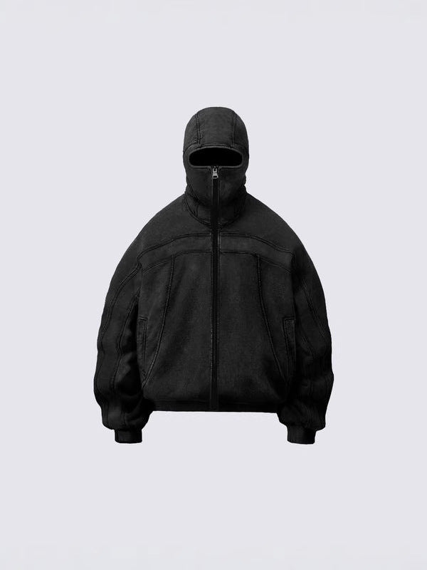 High-Neck Zip Pullover Jacket with Washed Texture and Oversized Streetwear Silhouette