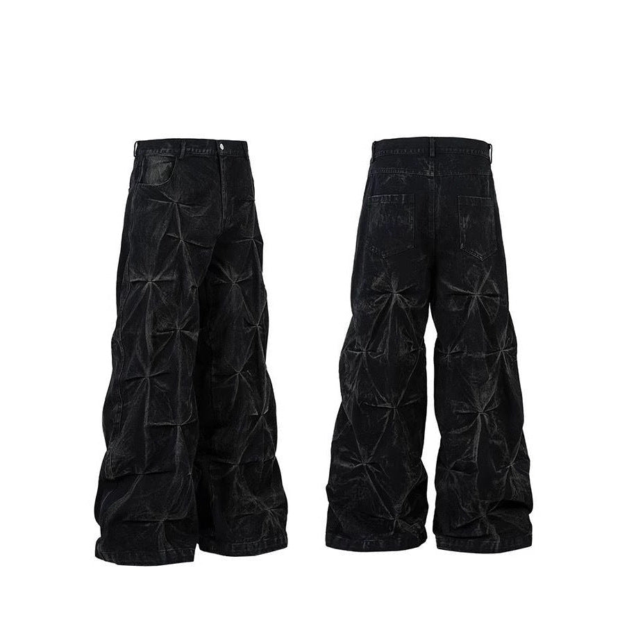 Wide-Leg Textured Denim Jeans with Geometric Pleated Design in Black