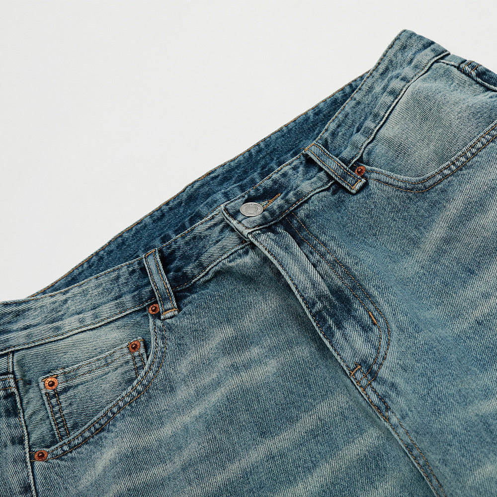 Vintage Washed Flared Denim Jeans with Wide Leg Silhouette and Classic Blue Finish