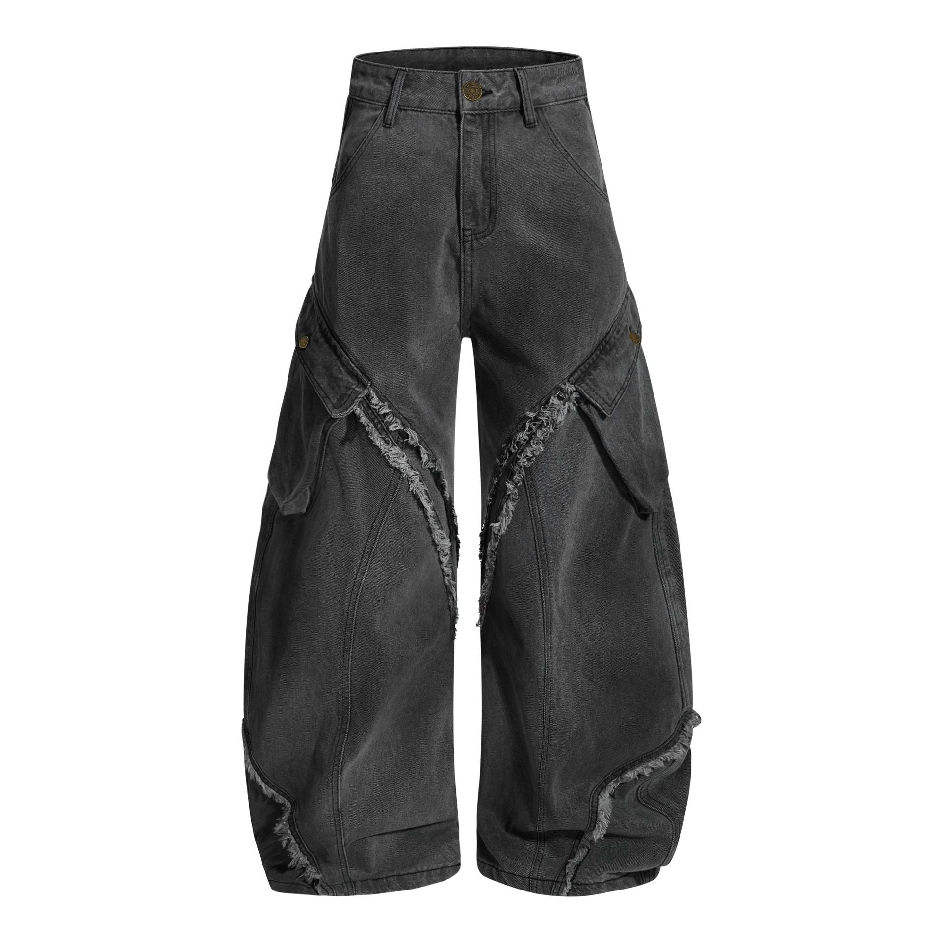 Extreme Wide-Leg Distressed Denim Pants with Frayed Cutouts and Bold Avant-Garde Streetwear Design