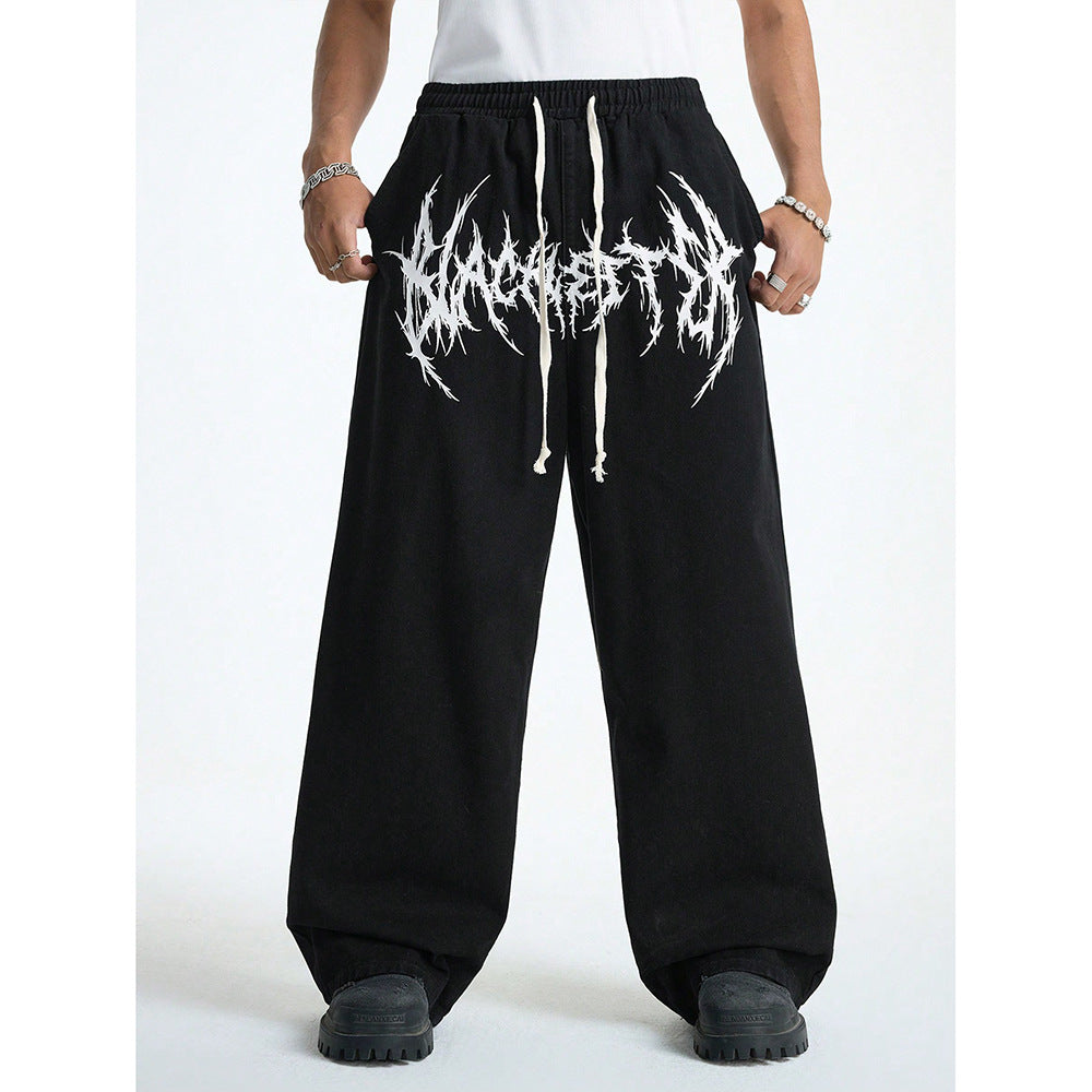 Wide-Leg Graphic Sweatpants with Abstract Print and Long Drawstrings