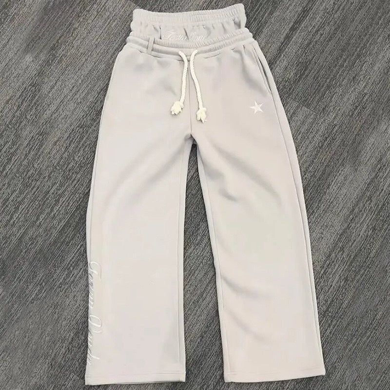 Embroidered Double-Waist Sweatpants with Relaxed Straight-Leg Fit