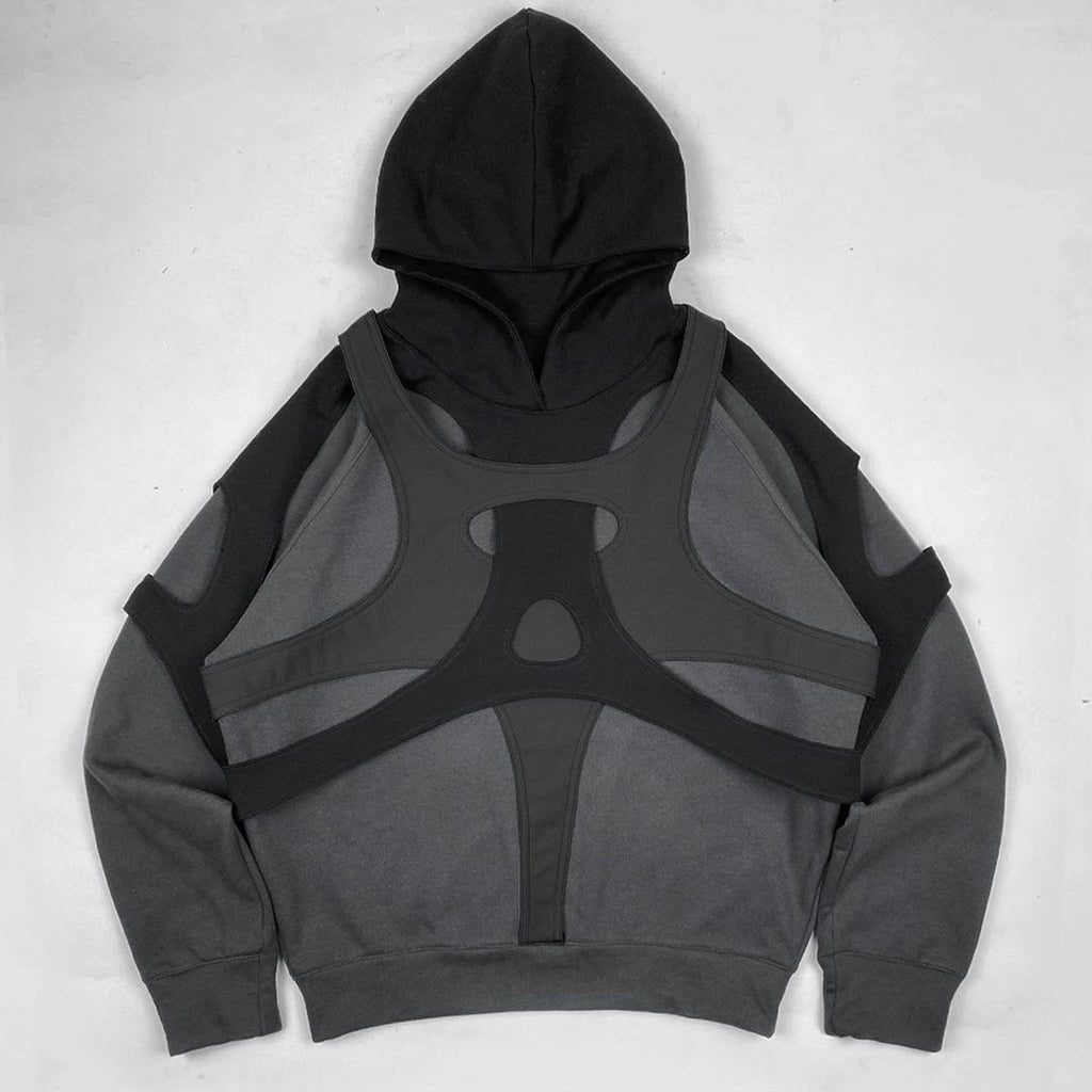 Dark Gray Hooded Pullover with Layered Cutout Panels and Modern Irregular Patchwork Design