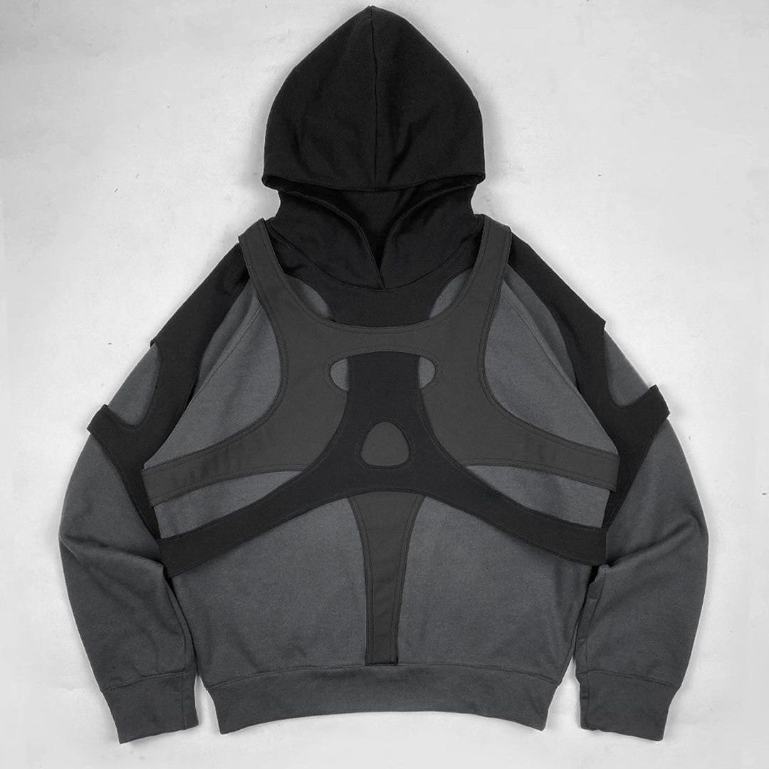 Dark Gray Hooded Pullover with Layered Cutout Panels and Modern Irregular Patchwork Design