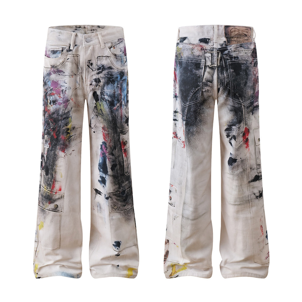 Graffiti Print Wide-Leg Jeans with Paint-Splatter Design