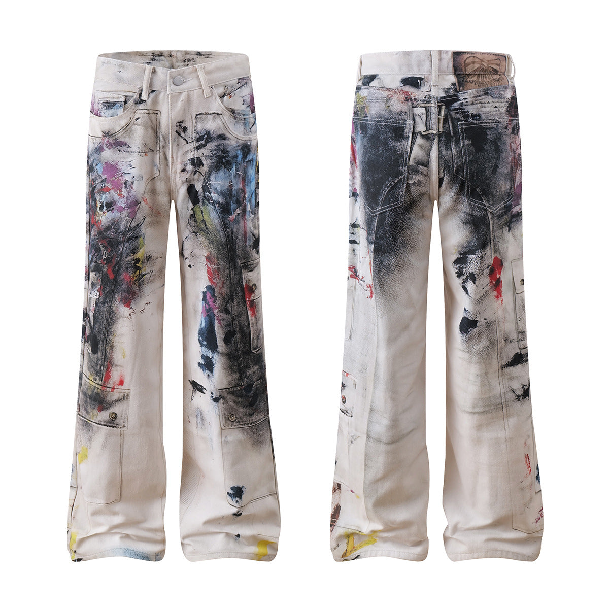 Graffiti Print Wide-Leg Jeans with Paint-Splatter Design