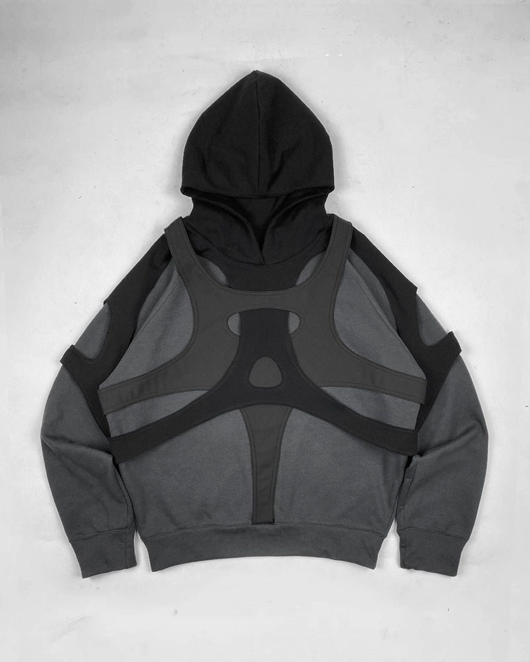 Dark Gray Hooded Pullover with Layered Cutout Panels and Modern Irregular Patchwork Design