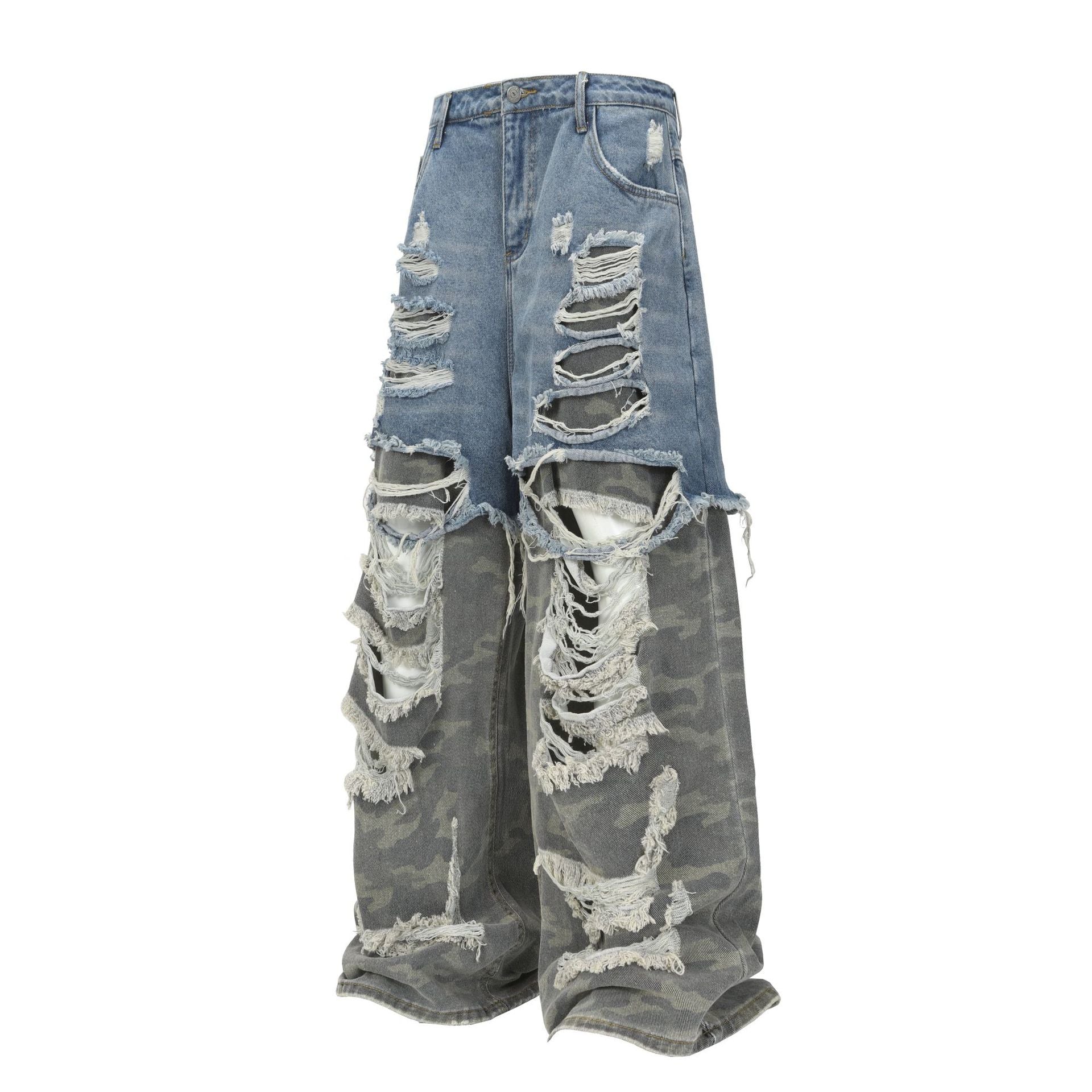 Distressed Two-Tone Wide-Leg Jeans with Layered Ripped Detail