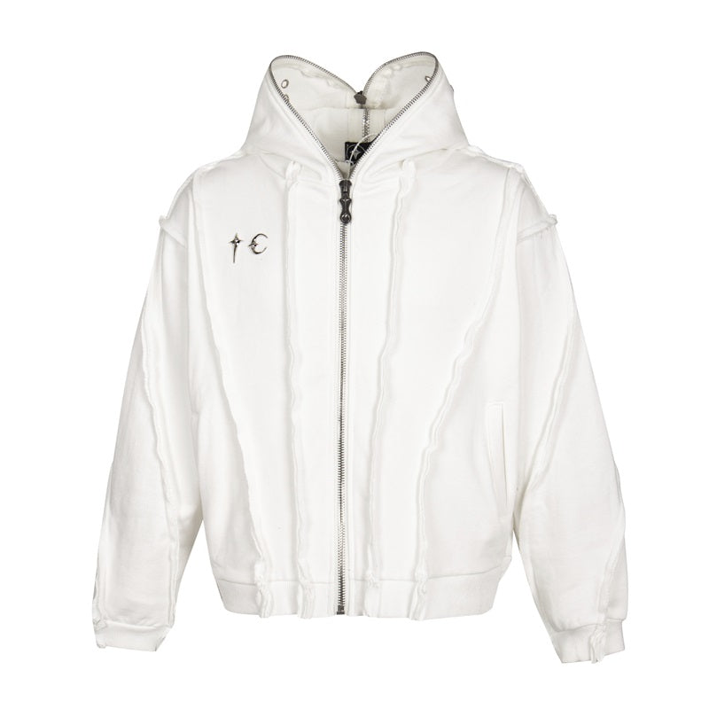 Washed Gray Zip-Up Hoodie with Raw Seam Details and Vintage Metal Zipper Accents