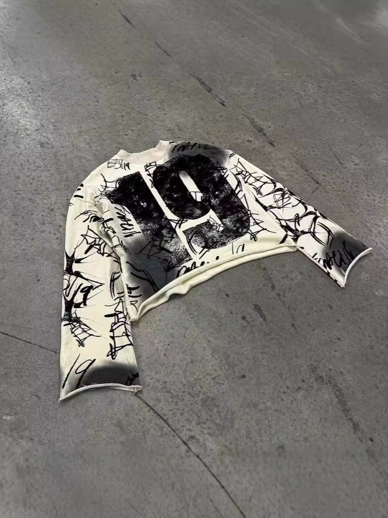 Graffiti Print Spray Fade Number Graphic Long Sleeve Streetwear Tee