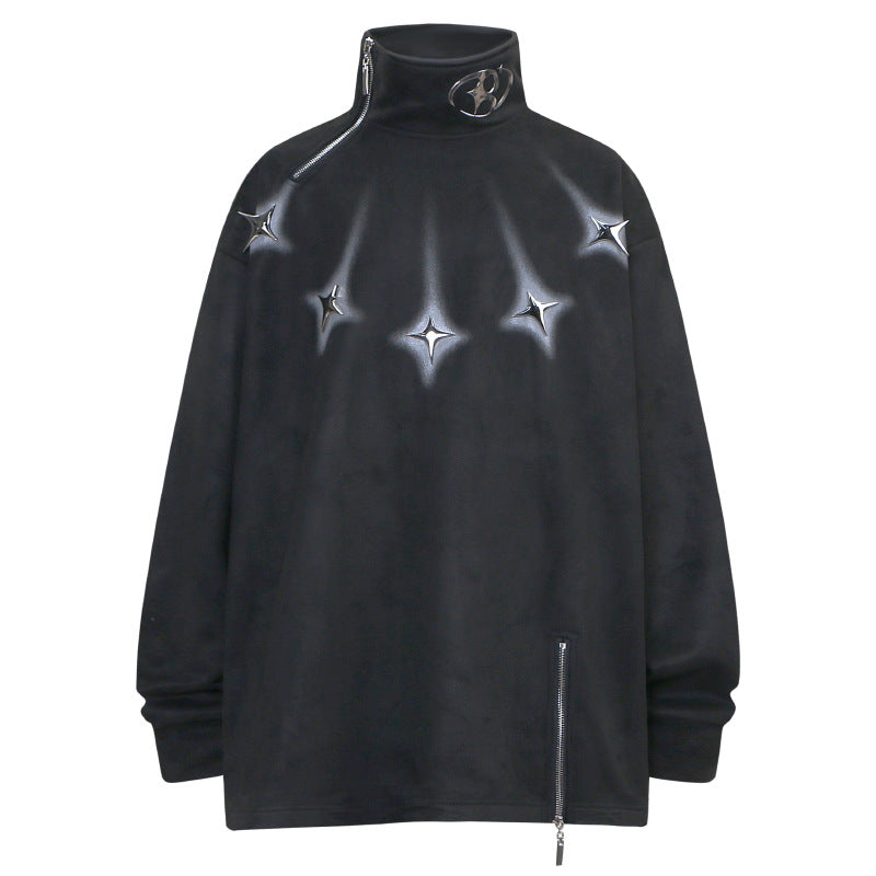 High-Neck Zip Pullover with Star Detail and Soft Fleece Texture for Modern Streetwear Style