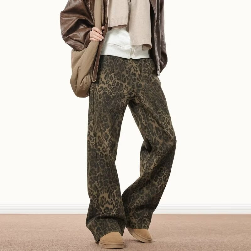 Leopard Print Wide-Leg Jeans in Earthy Brown
