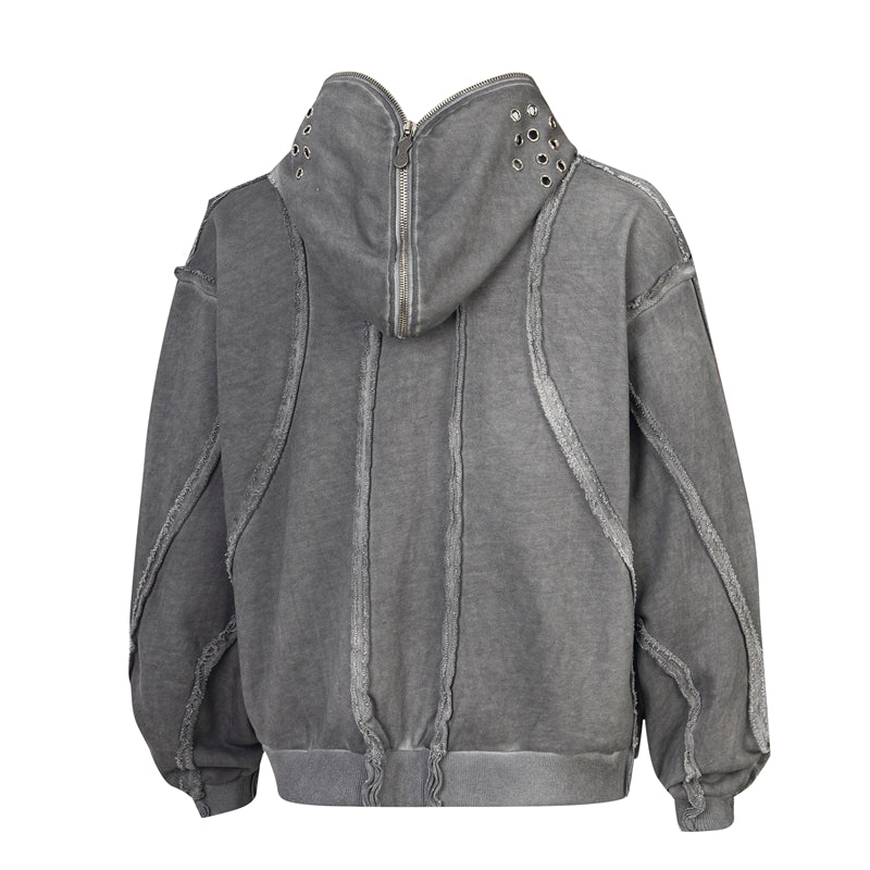 Washed Gray Zip-Up Hoodie with Raw Seam Details and Vintage Metal Zipper Accents