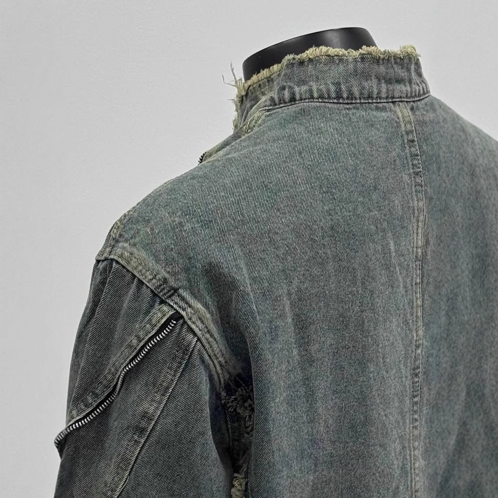 Distressed Panel Denim Jacket with Frayed Detailing and Stand Collar Vintage Streetwear Style