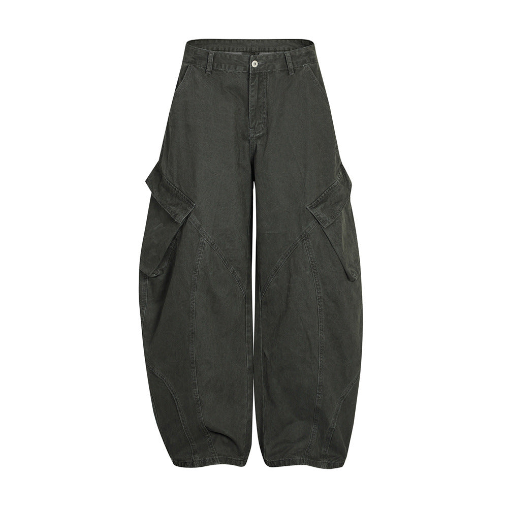 Wide-Leg Denim Pants with Paneled Cargo Details in Light or Dark Gray