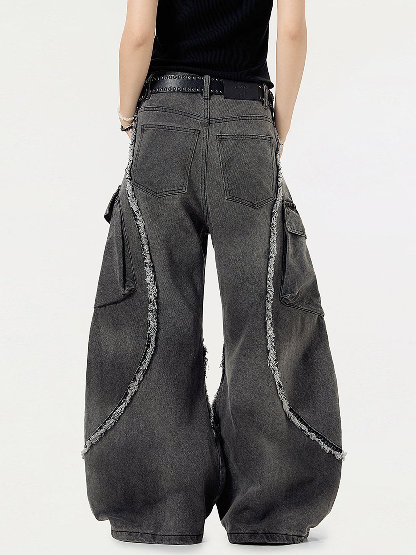 Extreme Wide-Leg Distressed Denim Pants with Frayed Cutouts and Bold Avant-Garde Streetwear Design