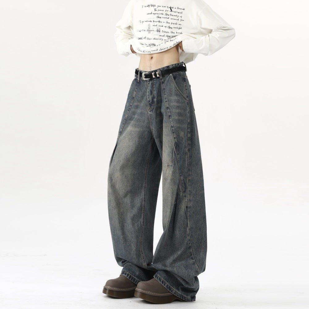 Curved Seam Wide-Leg Denim Jeans Baggy