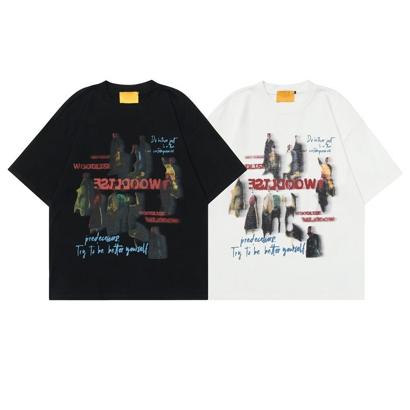 Retro Abstract Print T-Shirt with Artistic Collage Graphic and Soft Cotton Casual Streetwear Fit