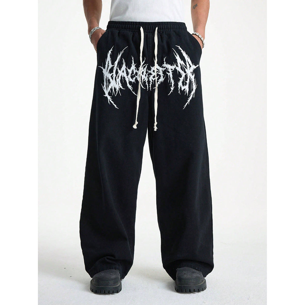 Wide-Leg Graphic Sweatpants with Abstract Print and Long Drawstrings